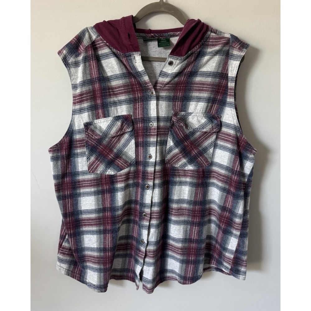 Hunt Club Mens Burgundy Plaid Sleeveless Hooded Flannel Shirt Button Up Vest XL
